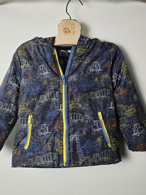 Toddler Navy Construction Print Hooded Puffer Jacket with Yellow Trim